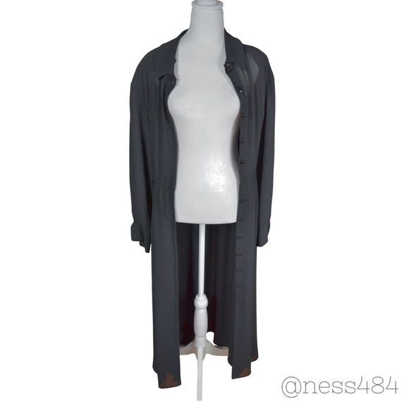 Liz Claiborne VINTAGE Black Sheer Button Front Belted Shirt Dress Maxi Size 12 - Picture 3 of 7